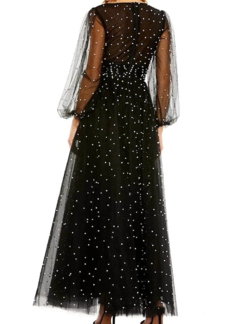 Mac Duggal Black Pearl Embellished Long Sleeve Tulle Gown Dress - Picture 2 of 3